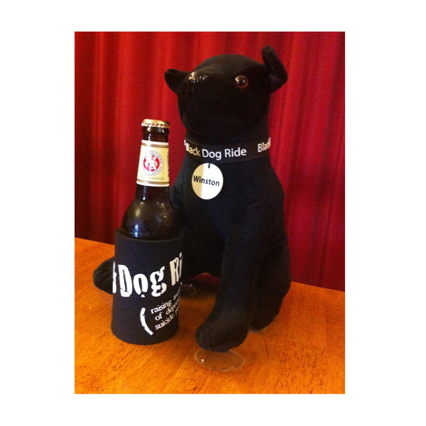 Black Dog Ride Mascot Winston with the all new BDR stubby holder (not included, nor is the beer)!